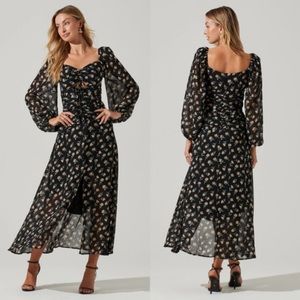 ASTR The Label Black Floral Long Sleeve Sweetheart Neck Maxi Dress S